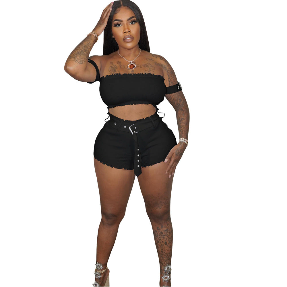 Women's Solid Color Off Shoulder Ribbed Crop Two-Piece Shorts Set with Belt 5