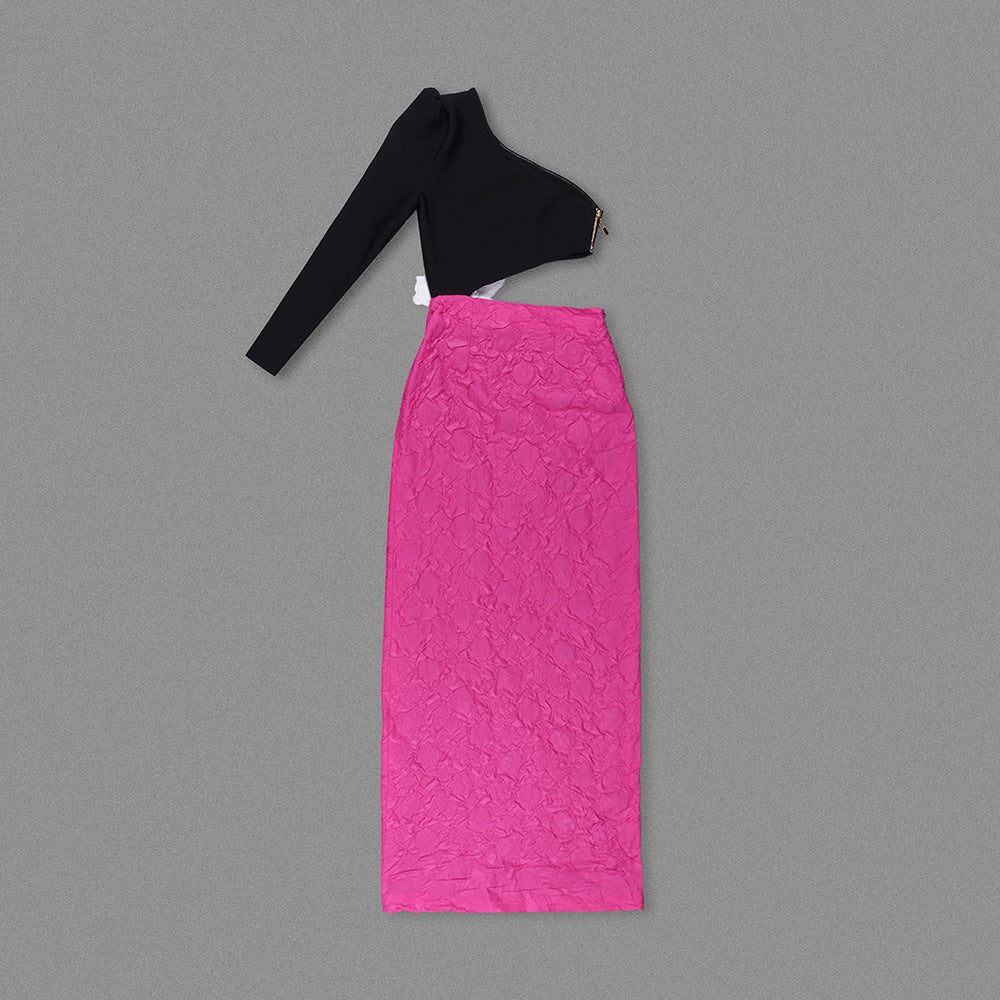 One Shoulder Contrasting Design High Waist Flower Patchwork Slit Women's Long Dress 6