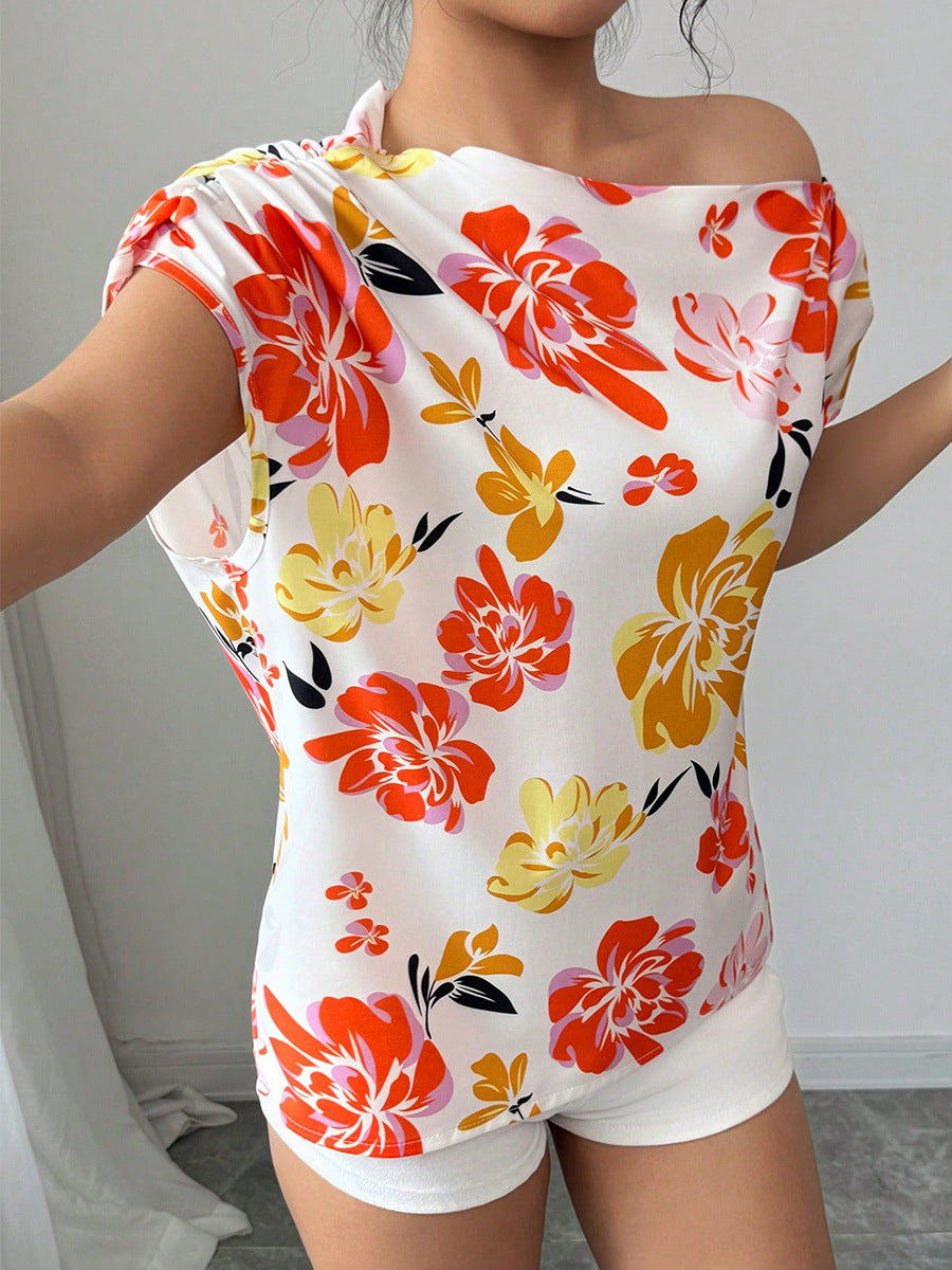 Slash Shoulder Shirt Summer Women's Pullover Holidays Short Sleeve Blouse 4