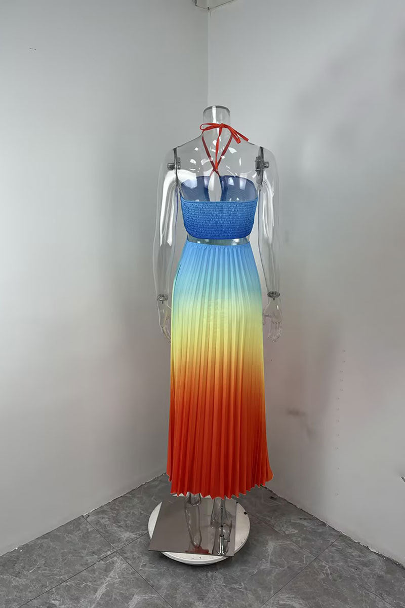 Women summer gradient Halter Neck pleated beach Holidays Maxi Dress 23