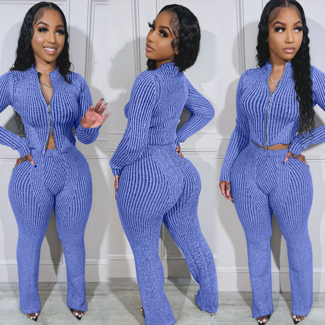 Women Knitting Sweater Two-way Zipper Top and Pants Casual Two-piece Set 5