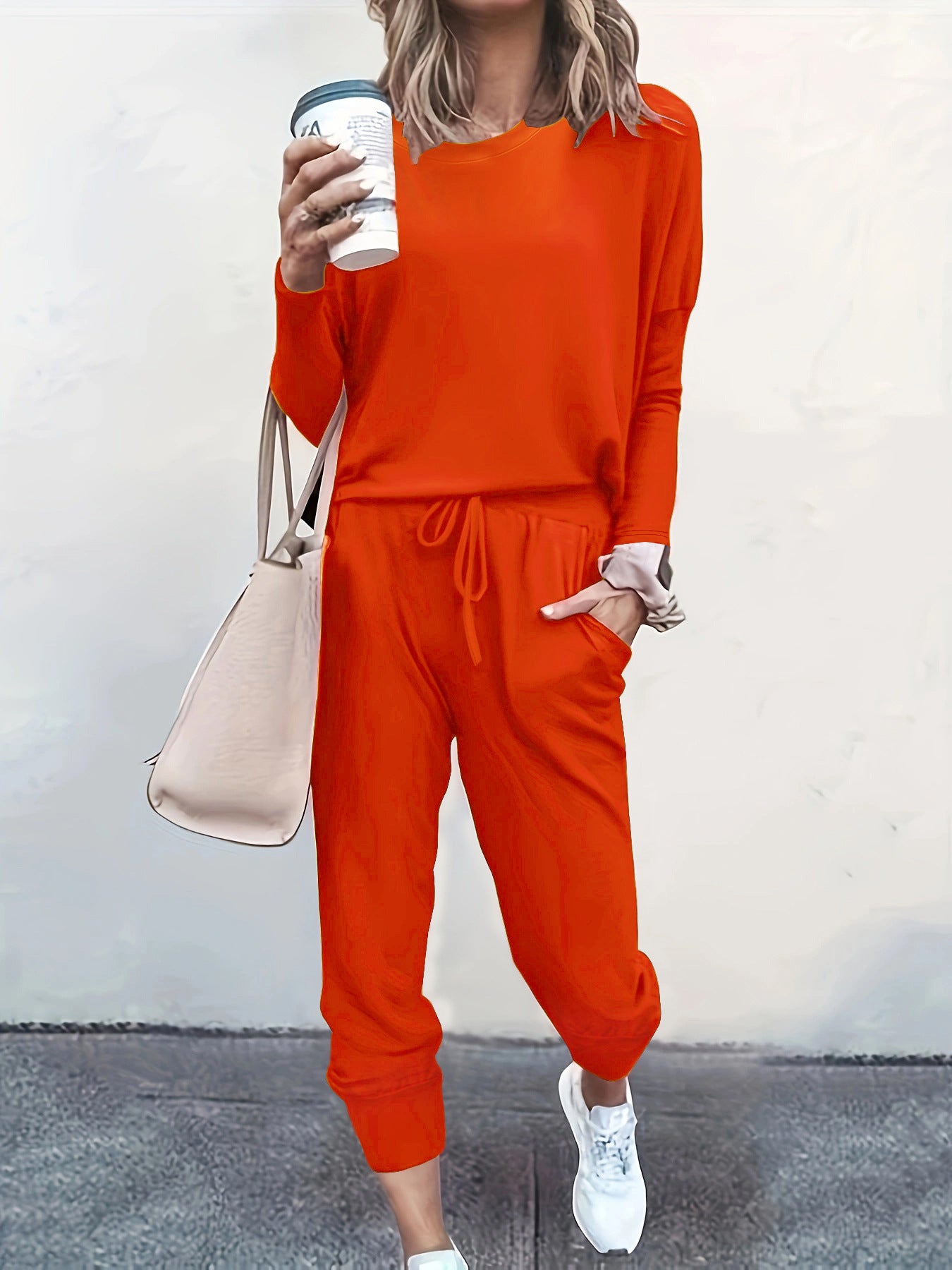 Autumn and Winter Women's Clothing Round Neck Loose Solid Color Long Casual Two-piece Pants Set 5