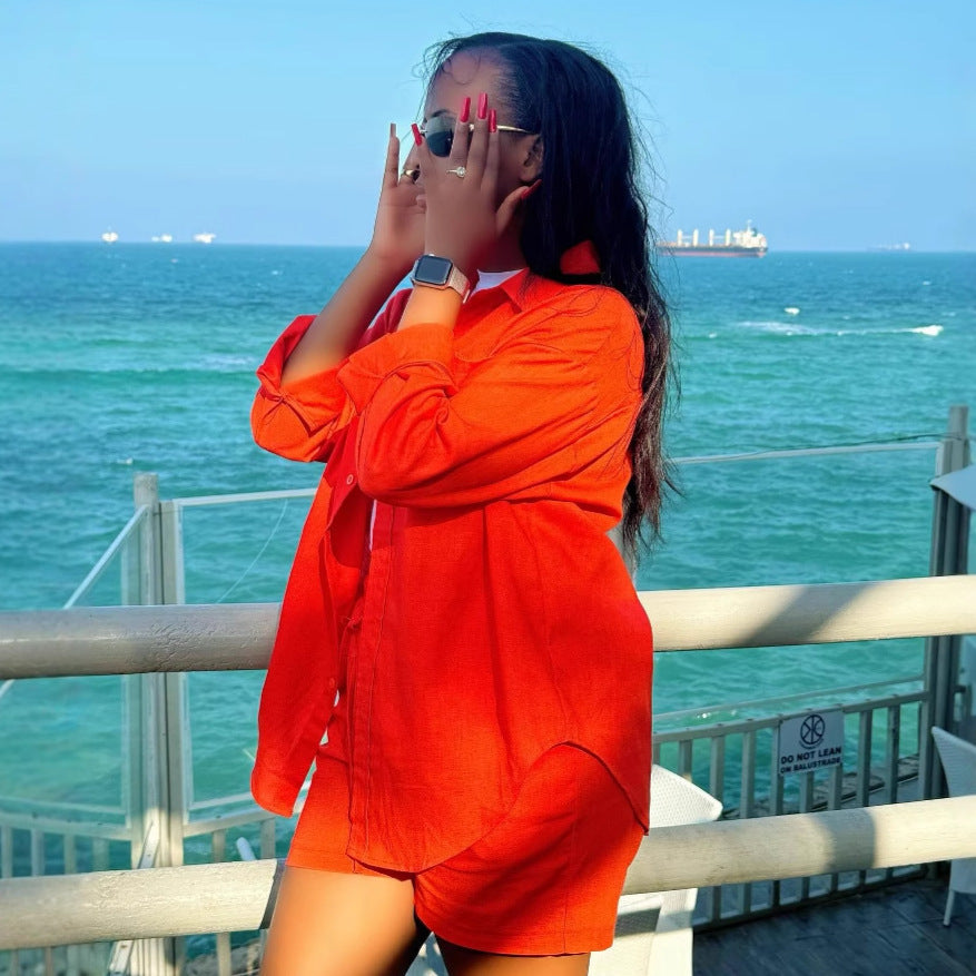 Elegant Women's Long Sleeve Cardigan Shirt Shorts African Plus Size Loose Casual Two-Piece Set 4