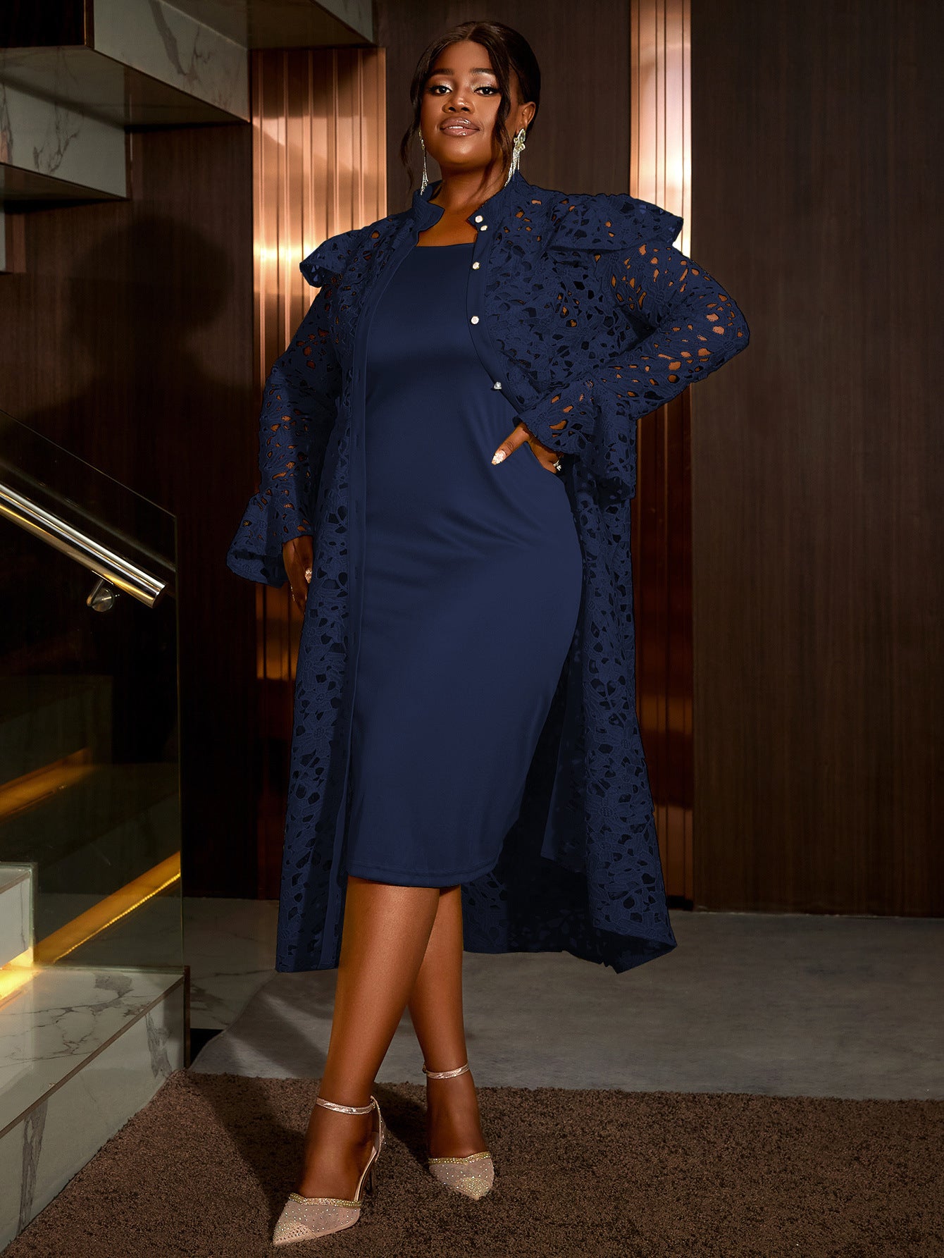 Plus Size Women Half High Neck Lace Dress Two-piece Set 23