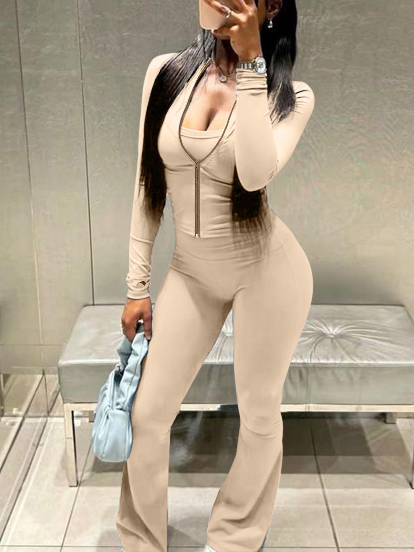 Women Casual Top and Bell Bottom Long Pants Two Piece Set 5