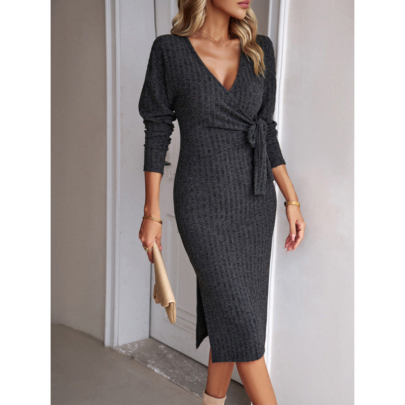 Women autumn and winter v-neck long sleeve knitting lace-up dress 13
