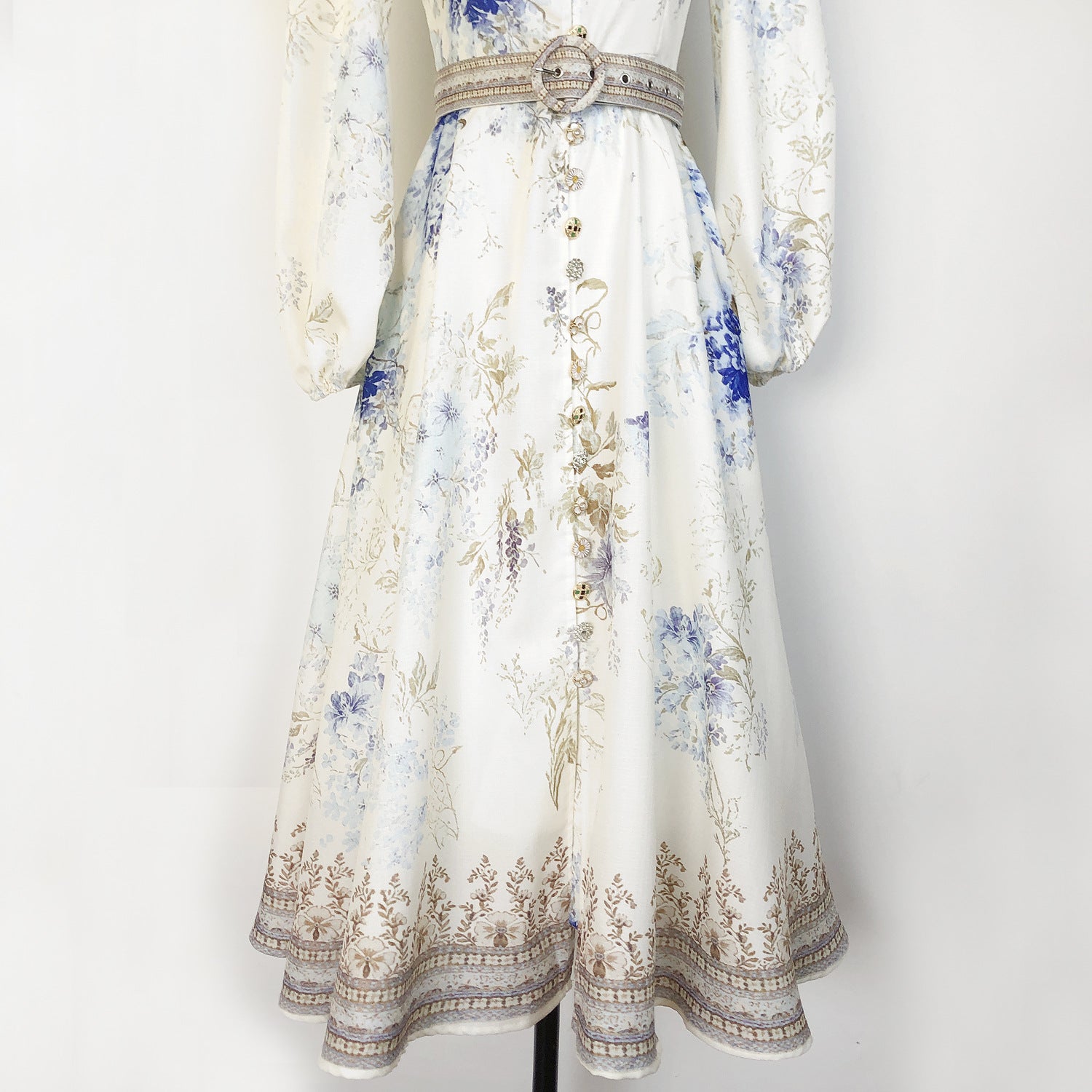 Elegant Print Row Jewelry Button Floral Lantern Sleeve Midi Dress with Belt 31