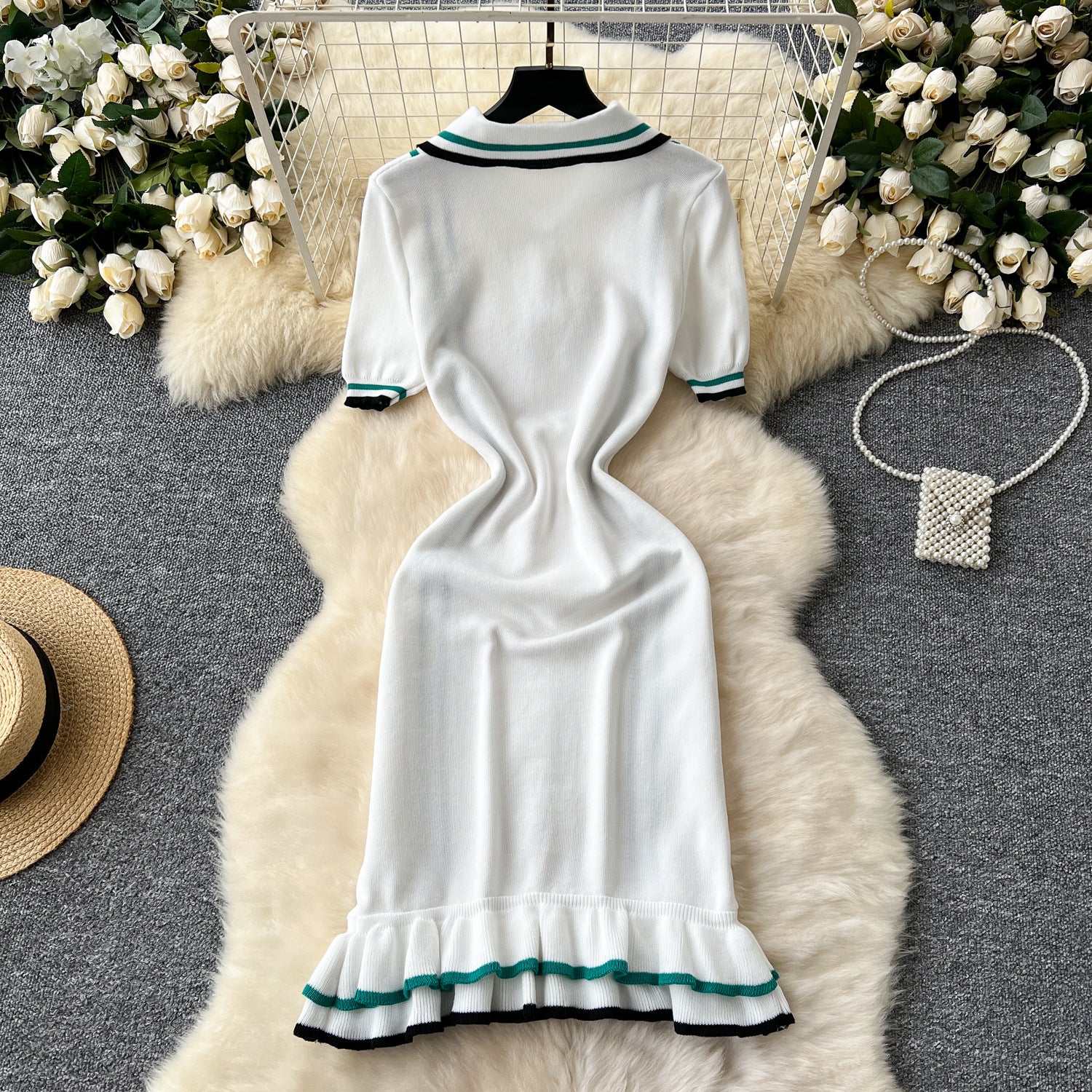 Women's Turndown Collar Contrast Slim Waist Slim Fit Ruffles Knitting Dress 15