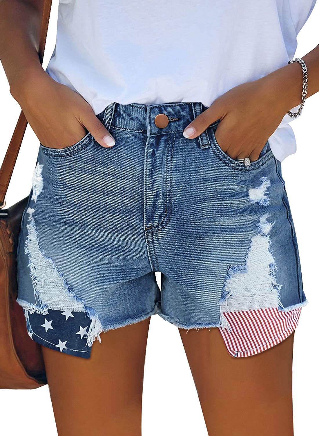 Women American Flag Ripped Tassel Denim Shorts 7