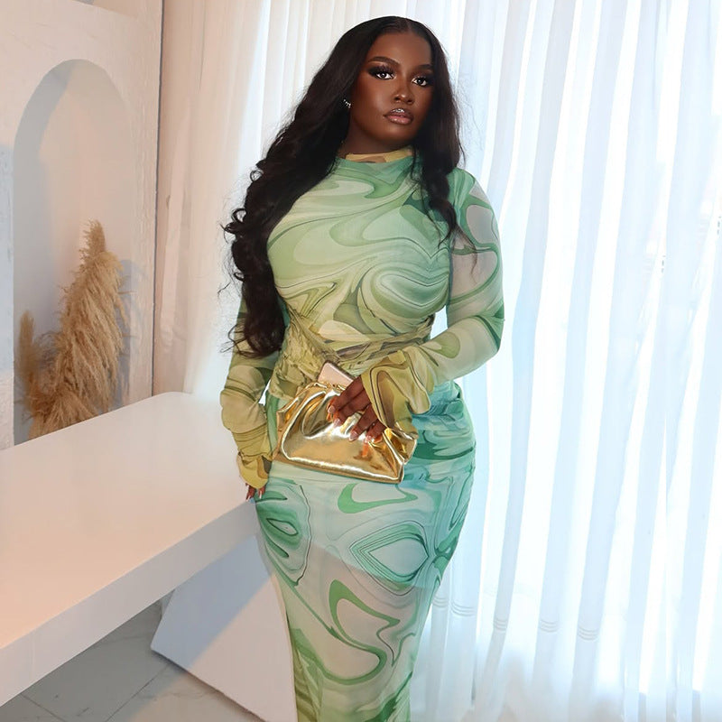 Chic Printed Women's Slim Fit High Neck Long Sleeve Bodycon Dress 4