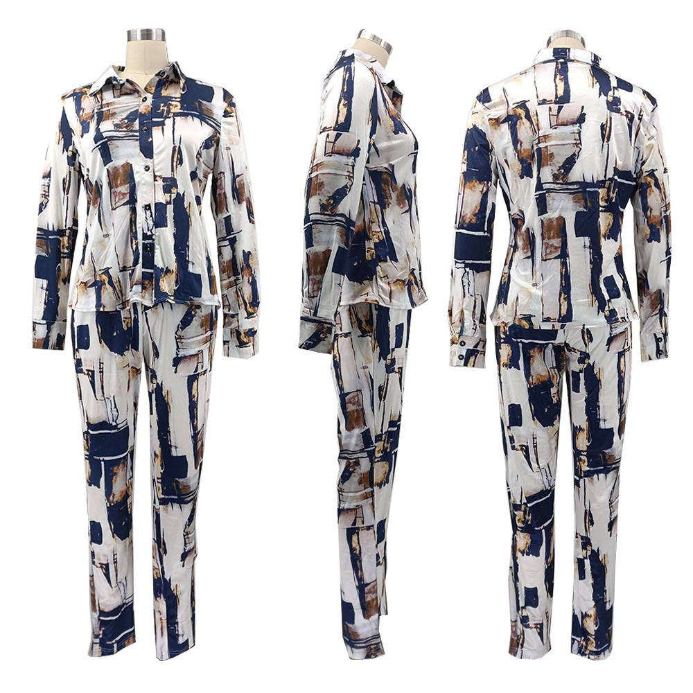 Glossy Irregular Printed Women's Shirt Pencil Pants Two Piece Set 8