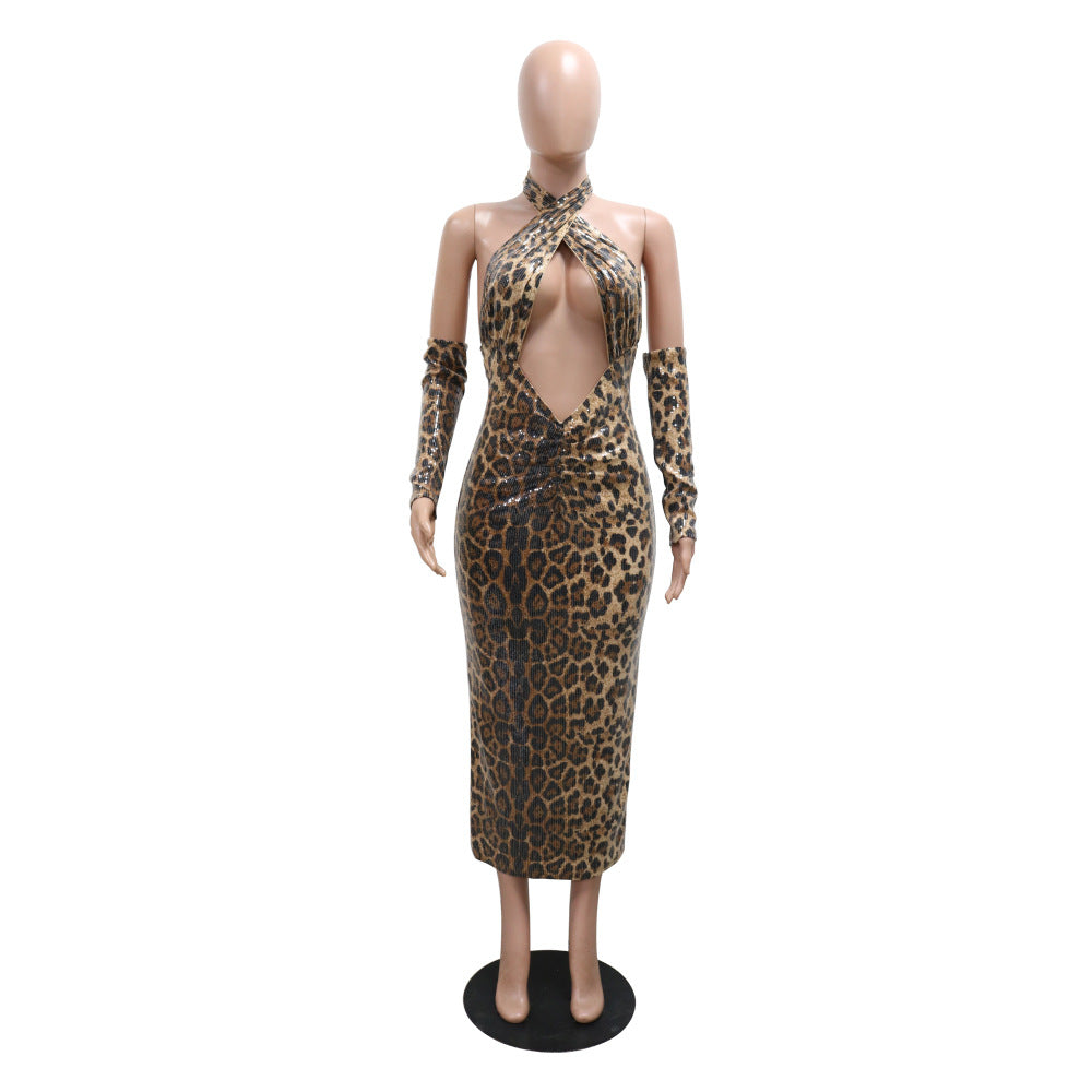 Leopard Print Sexy Dress Sequins Hollow Halter Neck Low Back Split Sleeve Formal Party Gown 6