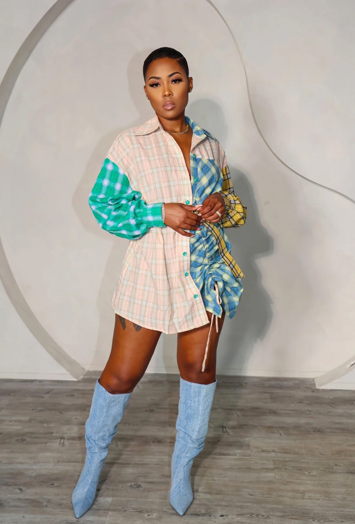 Women Fashion Printed Patchwork Long Sleeve Shirt (Including Belt) 8