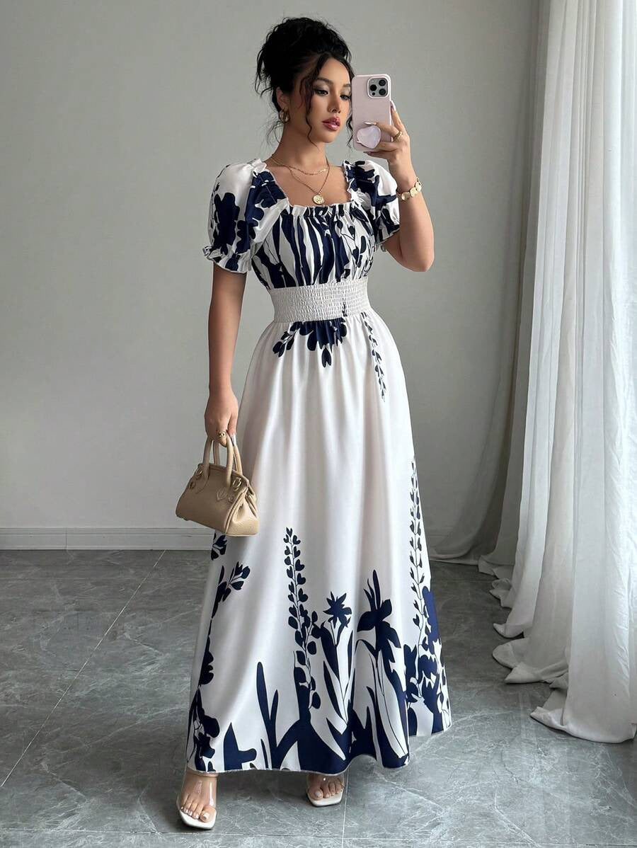 Women Summer Puff-Sleeve Printed Strap Dress