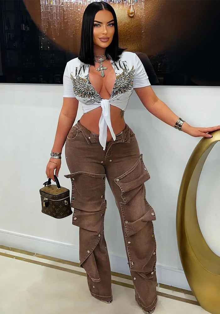 Women summer street button sretchy denim pants