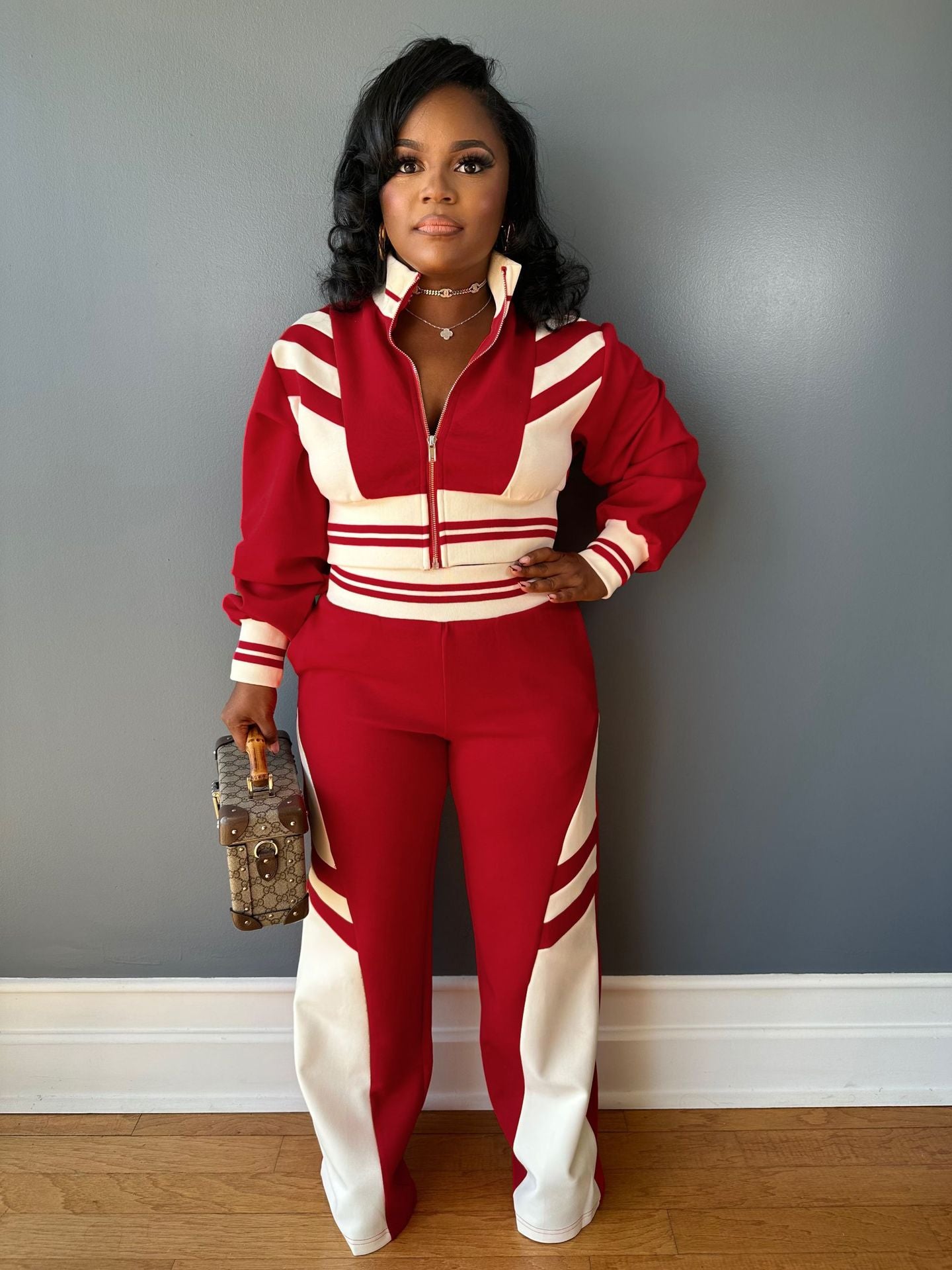 Women autumn and winter high collar zipper Top and Contrast Color trousers Two Piece Set 7