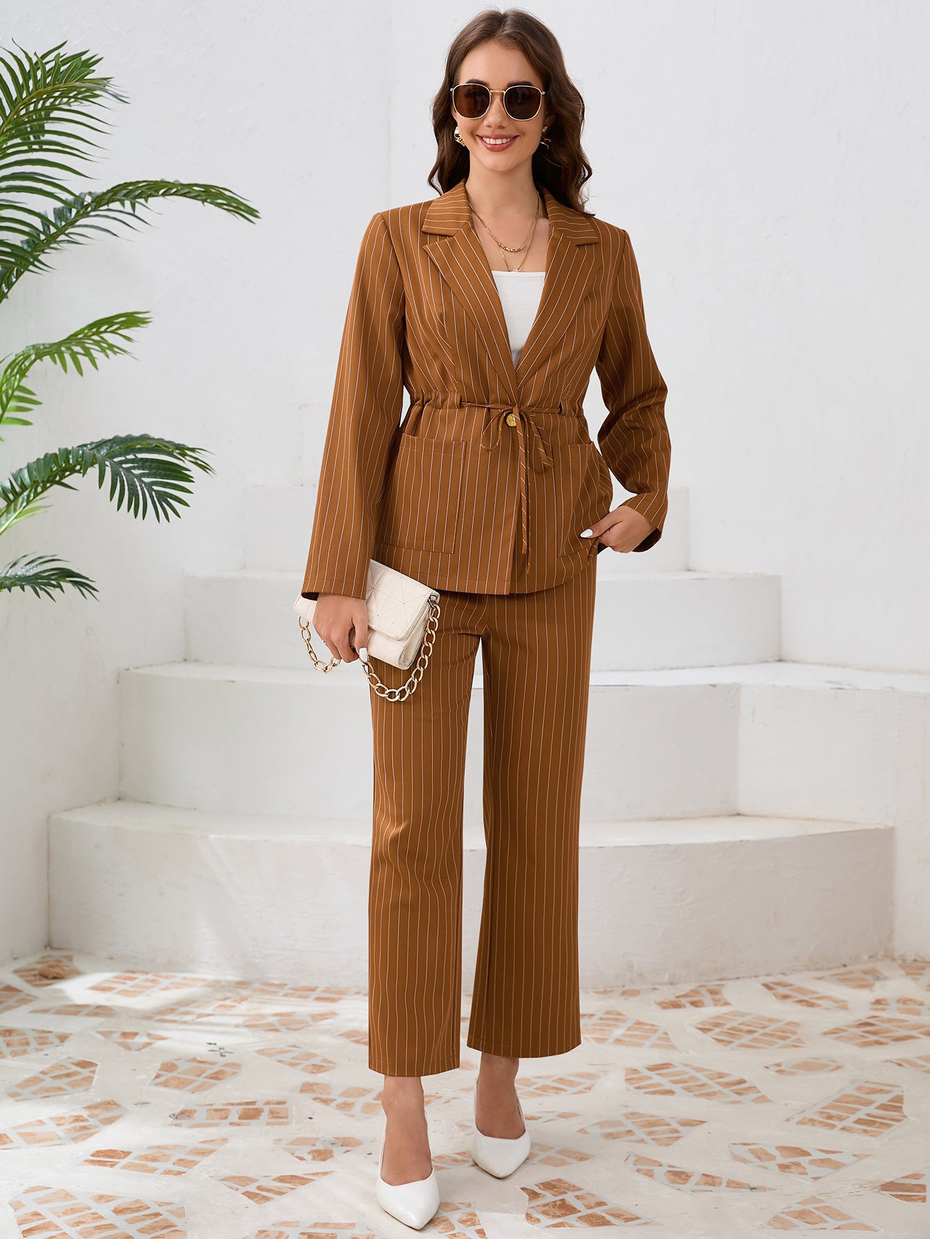 Casual Stripe Turndown Collar Strap Blazer Jacket Straight Pants suits Women's two-piece set 11