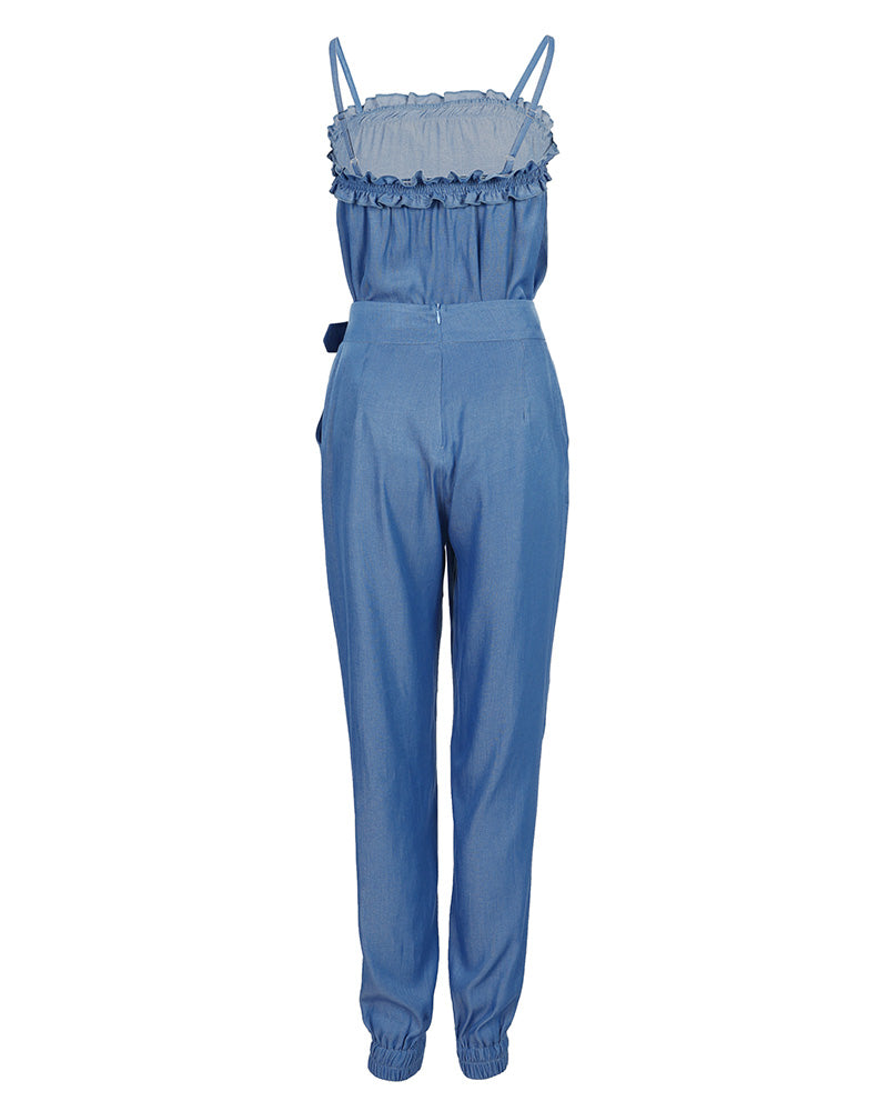 Summer Ruffle Edge Patchwork Suspender Top + Pants Two-piece Set 4