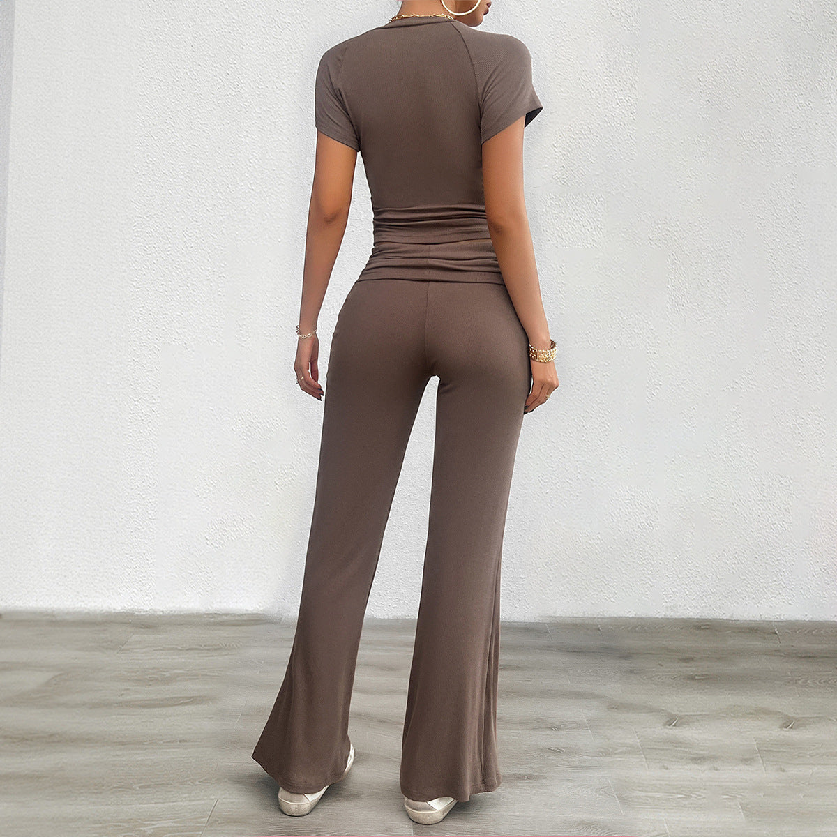 Women's Spring Summer Casual Solid Color Slim Fit Short Sleeve Two Piece Pants Set 8