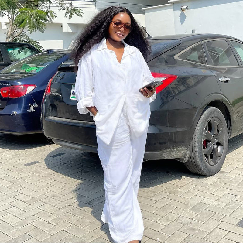 Women's Casual White Shirt Trousers Two-Piece Set 6