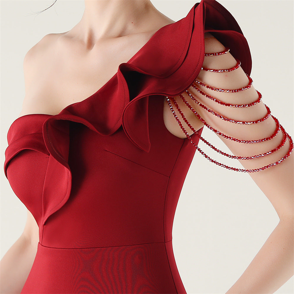 Women ruffled one-shoulder beaded fishtail formal party evening dress 20