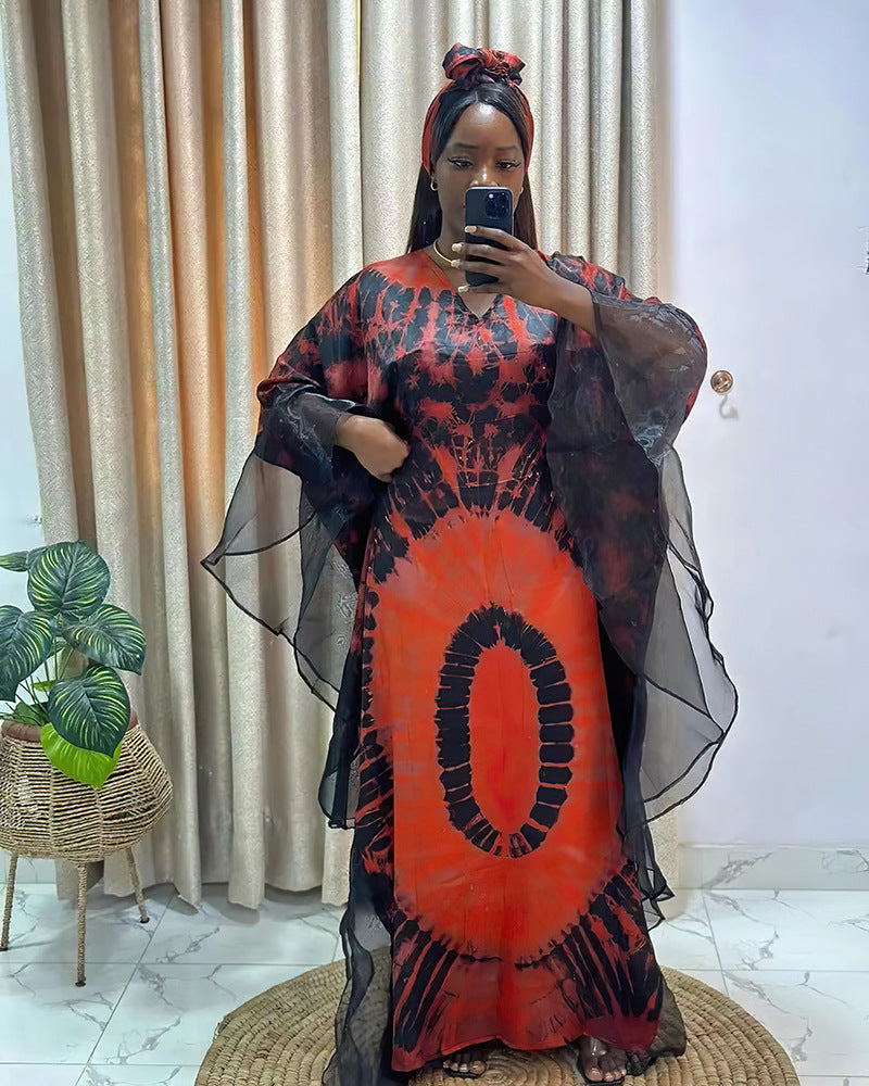 Women's clothing African long robe mesh print dress with headscarf