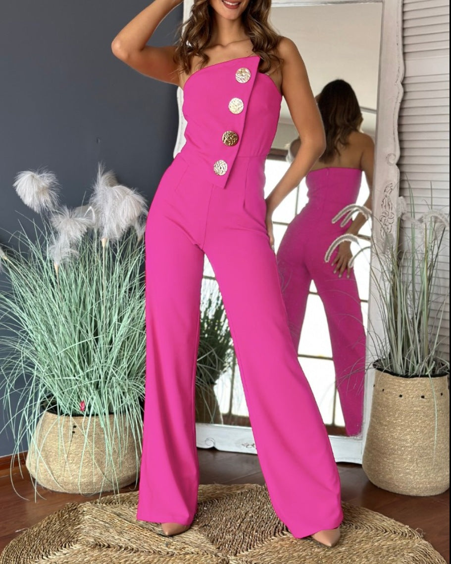 Summer Sexy Solid Color Strapless Button Flared Jumpsuit For Women 17