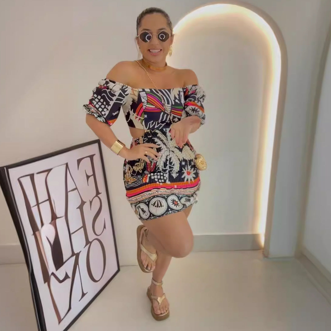 Women Printed Backless Balloon Sleeve Off Shoulder Two-Wear Dress 9