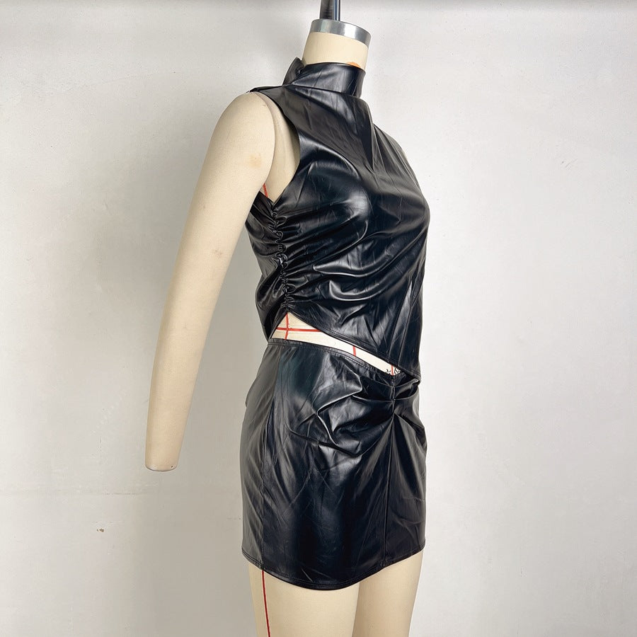 Women Summer Black Pu-Leather Stand Collar Sleeveless Pleated Irregular Top and Bodycon Skirt Two-Piece Set 8