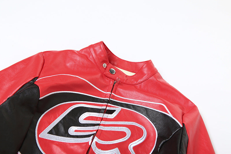 Autumn Winter Sexy Zipper Top Contrast Embroidery Short Fashion Jacket 10