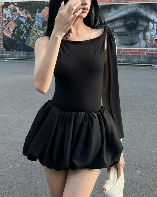 Women's Autumn Fashion Casual Lace-Up Strap Slim Bodysuit Pleated Skirt Two Piece Set 5