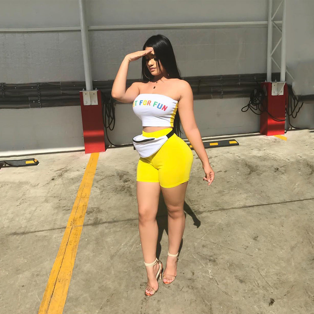 letter printed casual strapless patchwork sporty summer two-piece 5