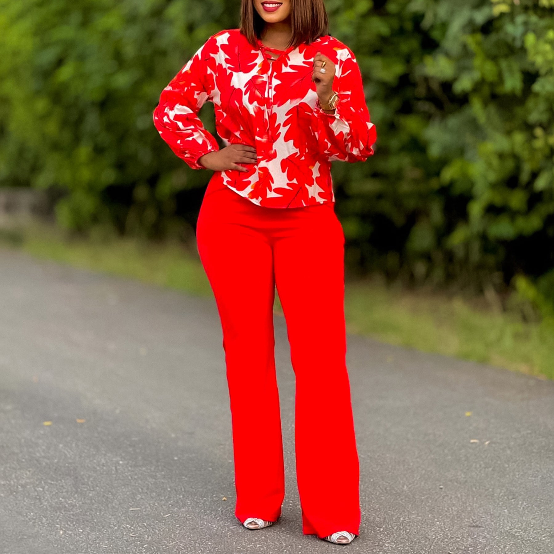 Women Printed Long Sleeve Top Wide Leg Pants Two-Piece Set 4