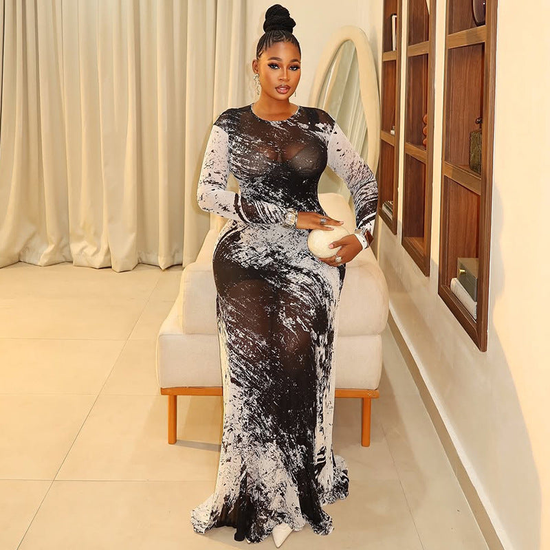 Women Printed Colorblock Round Neck Long Sleeve Bodycon Dress 3