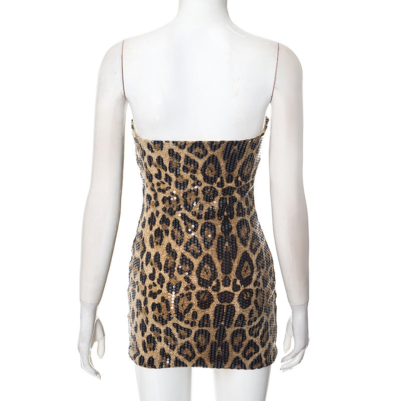 Women’s Spring Summer Leopard Sequin Strapless Hollow Bodycon Dress 8
