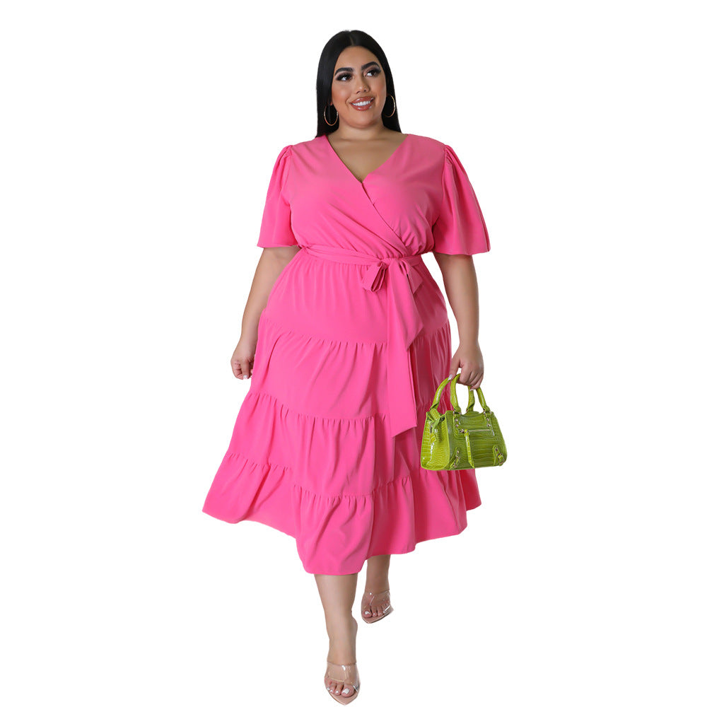 Plus Size Women Short Sleeve V Neck Solid Belt Loose Maxi Dress 4