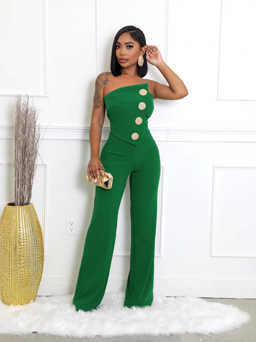 Women Strapless Button Sleeveless Sports Fitness Jumpsuit 6