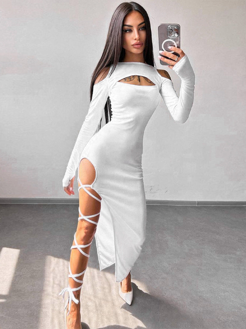 Women Sexy Solid Long Sleeve Hollow Slit Dress