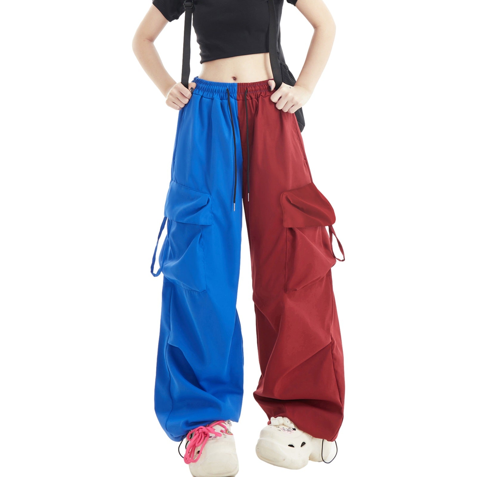 American Contrast Color Loose Wide Leg Cargo Pants Hip Hop Color Matching Fashion Casual Sports Trousers for Women 7
