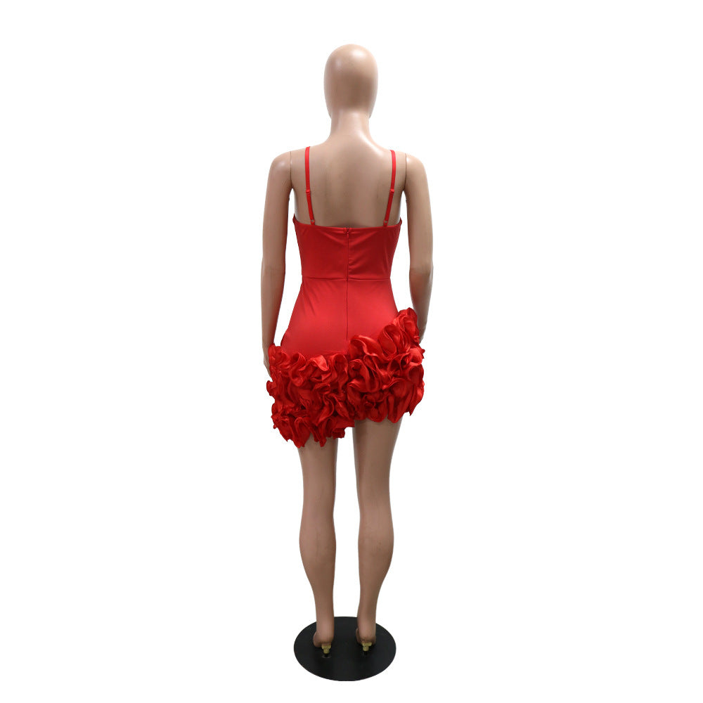 Women Sexy Strapless Solid Lotus Lace Irregular Dress 9