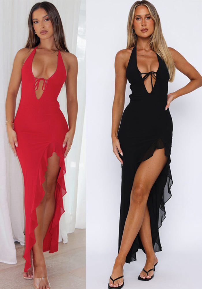 Women's ruffle fashion sexy v-neck lace Low Back dress