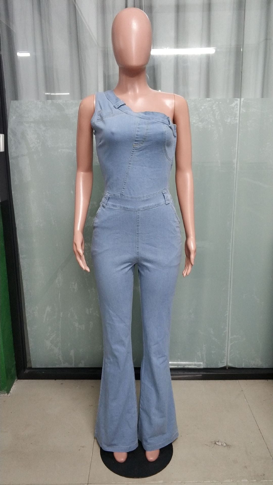Slash Shoulder Slim Fit Stretch Washed Bell Bottom Denim Jumpsuit 6