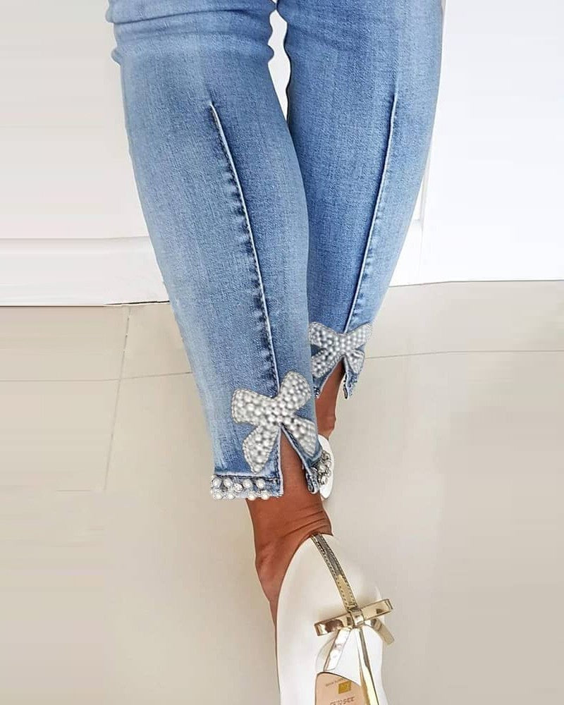 Women butterfly beaded Denim slit Pant 7