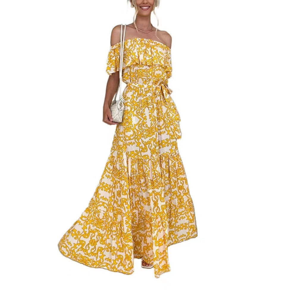 Women Off Shoulder Short Sleeve Printed Ruffle Maxi Dress 10