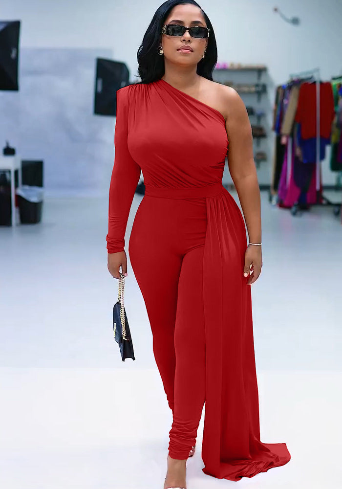 Women Slash Shoulder Irregular Solid Color Jumpsuit