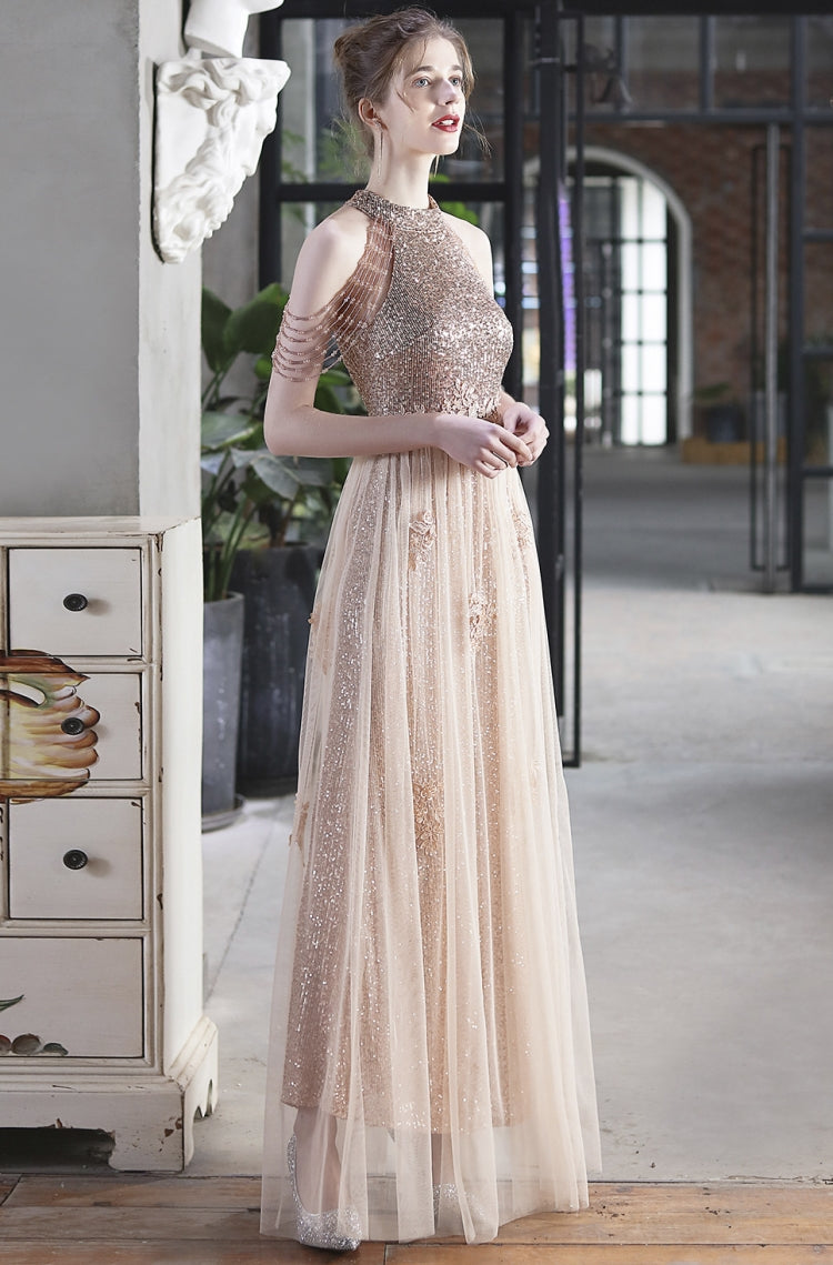 Summer Occassional Gold Sequin Mesh Patch Halter Evening Dress 3