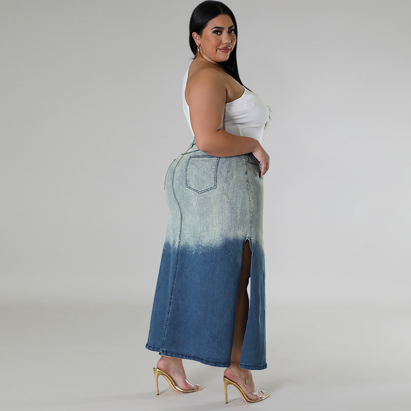 Plus Size Women Gradient Slit Denim Skirt 6