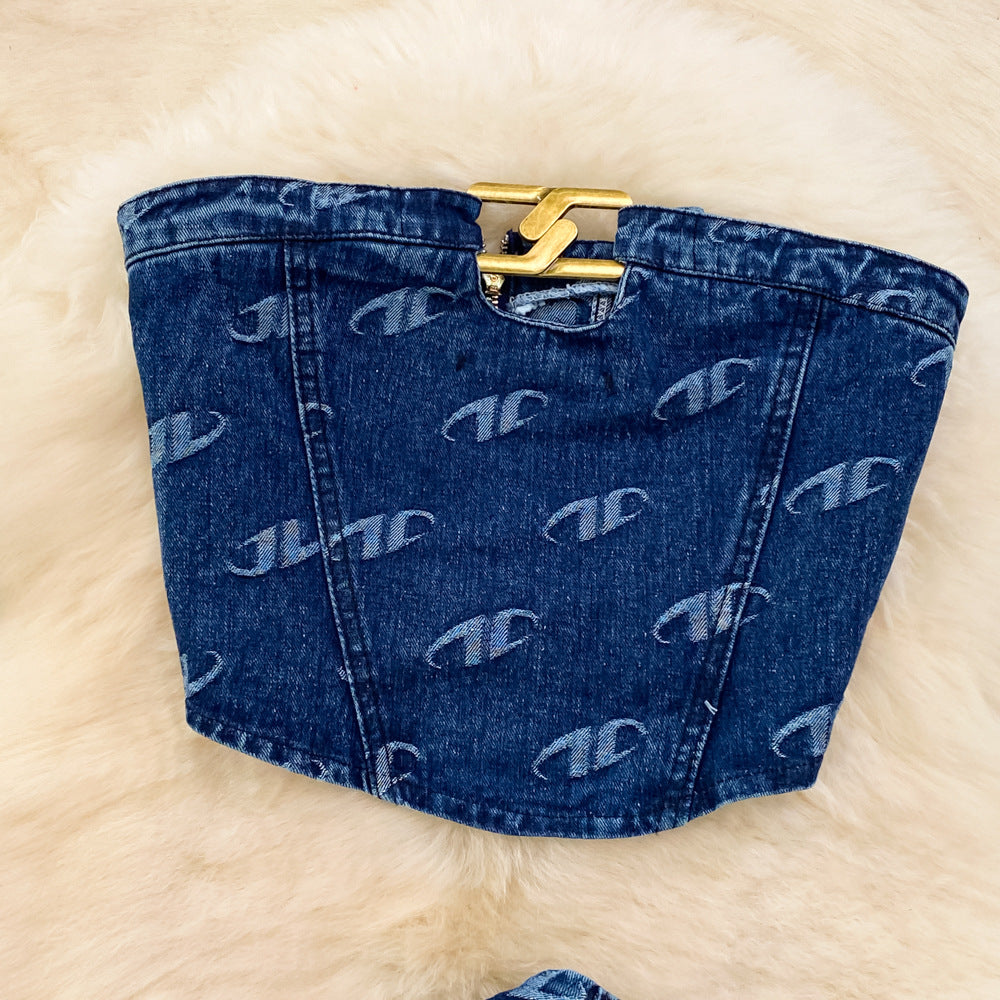 Women American Retro Strapless Denim Top and Pants Two-piece Set 4