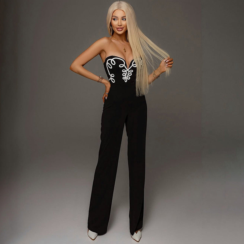 Women Spring/Summer Strapless V-Neck Print Zipper Bell Bottom Jumpsuit 5