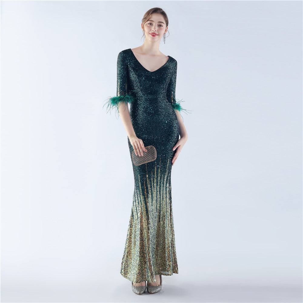 Women ostrich feather gradient sequin half-sleeve evening dress 3